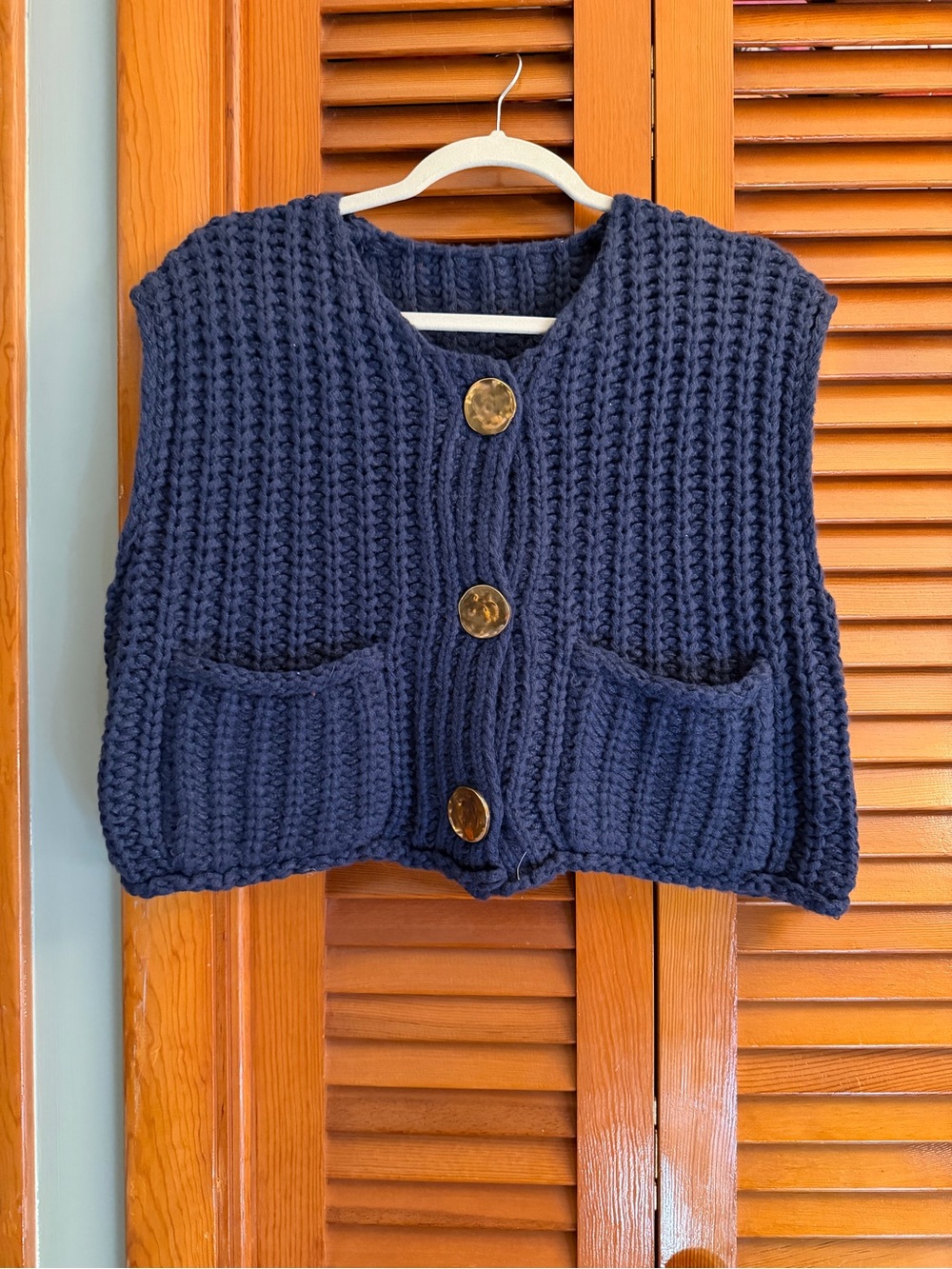 Chunky Knit Navy Button-Front Women's Vest